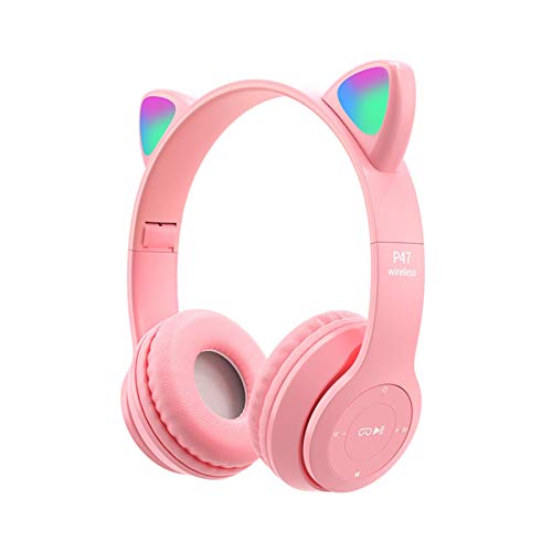 DASNTERED Auriculares inalámbricos Lindos del Juego de Cat Ears, Auriculares de Bluetooth 5.0 con Luces LED | Auriculares para Juegos Plegables, cómodos y Ajustables para niños y Adultos(Rosado)