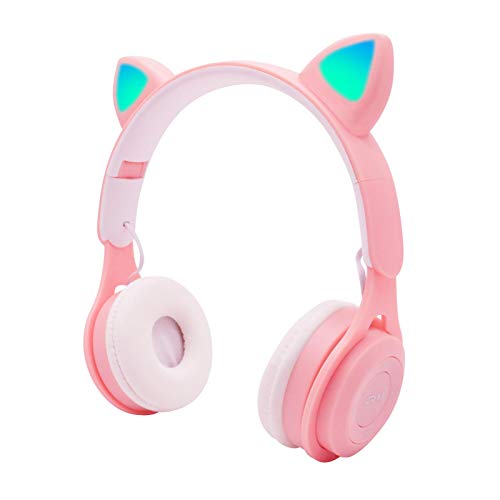 Auriculares Bluetooth para niños, auriculares inalámbricos de alta fidelidad para juegos con luz LED, plegables, Bluetooth, estéreo, orejas de gato, para niños, niñas y adultos (rosa)