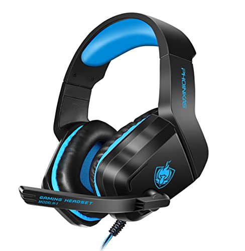 YOTMS Auriculares Gaming, H1 3D Premium Over Ear Cascos Gamer Headset con Micrófono y Control de Volumen para PS4, PS5, Switch, PC, Xbox One, Mac, 5.1 Sonido Estéreo, Regalo para Niños, Azul