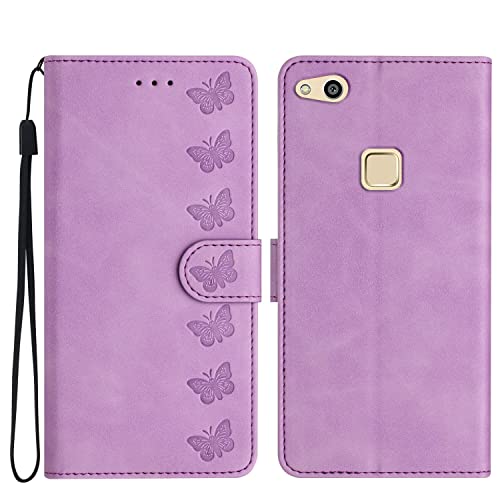 Yiscase Funda para Huawei P10 Lite | 3D Mariposa en relieve | Funda de piel premium con tarjetero y función atril | Púrpura