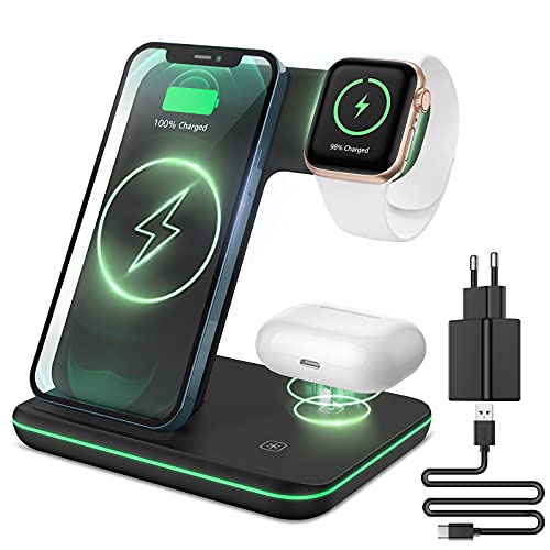 CAVN Cargador inalámbrico, 3 en 1 Cargador inalambrico Compatible con iPhone 14/13/12/11/14 Pro Max/14 Pro/14 Plus/XS/XR/8 Plus, AirPods 3/2 Pro, iWatch SE/2/3/4/5/6/7, Cargador inalambrico Rapida