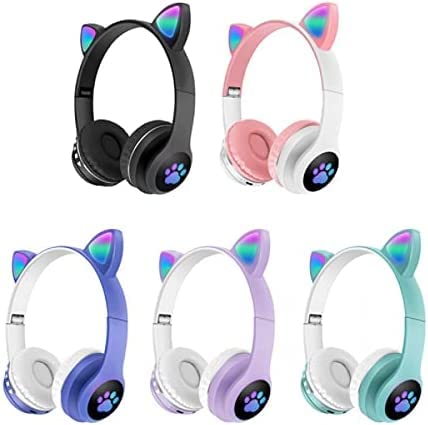 BCM Auriculares Niños Inalámbricos Luz LED Cascos Diadema Orejas de Gato para Niñas Niños, Bluetooth Plegables Micro SD TV Regalo Cumpleaños Navidad Morado (Verde)