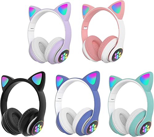 BCM Auriculares Niños Inalámbricos Luz LED Cascos Diadema Orejas de Gato para Niñas Niños, Bluetooth Plegables Micro SD TV Regalo Cumpleaños Navidad Morado (Negro)