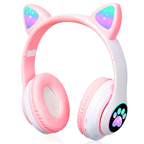 Auriculares para Niños Inalámbricos con Luz LED, Auriculares de Diademacon Orejas de Gato para Niñas, Bluetooth Plegables Auriculares con Micrófono para TV Regalo para Cumpleaños/Navidad (Rosa)