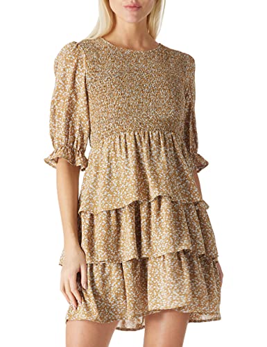 Amazon Brand - find. Vestido Fruncido de Verano para Mujer con Media Manga, Estampado de Flores y Volantes, Ideal para IR a la Playa o de Fiesta, Amarillo, Size S